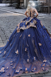 Navy Blue Ball Gown Off-Shoulder Sleeveless Gold Floral Applique Tiered Tulle Quinceanera & Evening Party Dress
